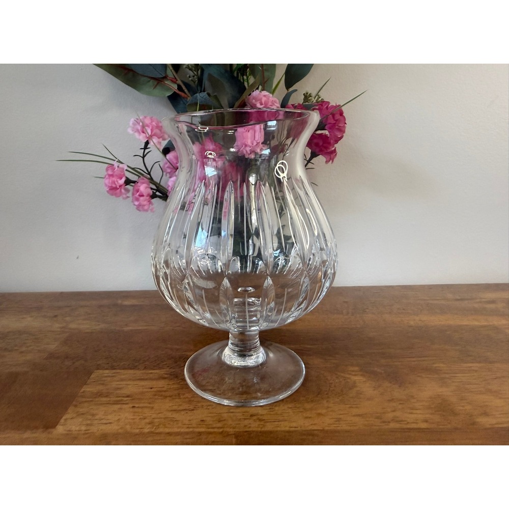Vintage Cut Crystal Vase UV Reactive Pink Glow Pedestal Vase Heavy Pressed Glass